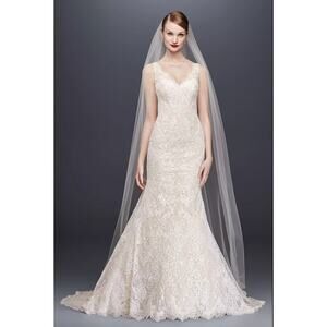 Oleg Cassini $1408 Solid Ivory Lace Trumpet Wedding Dress CWG747
